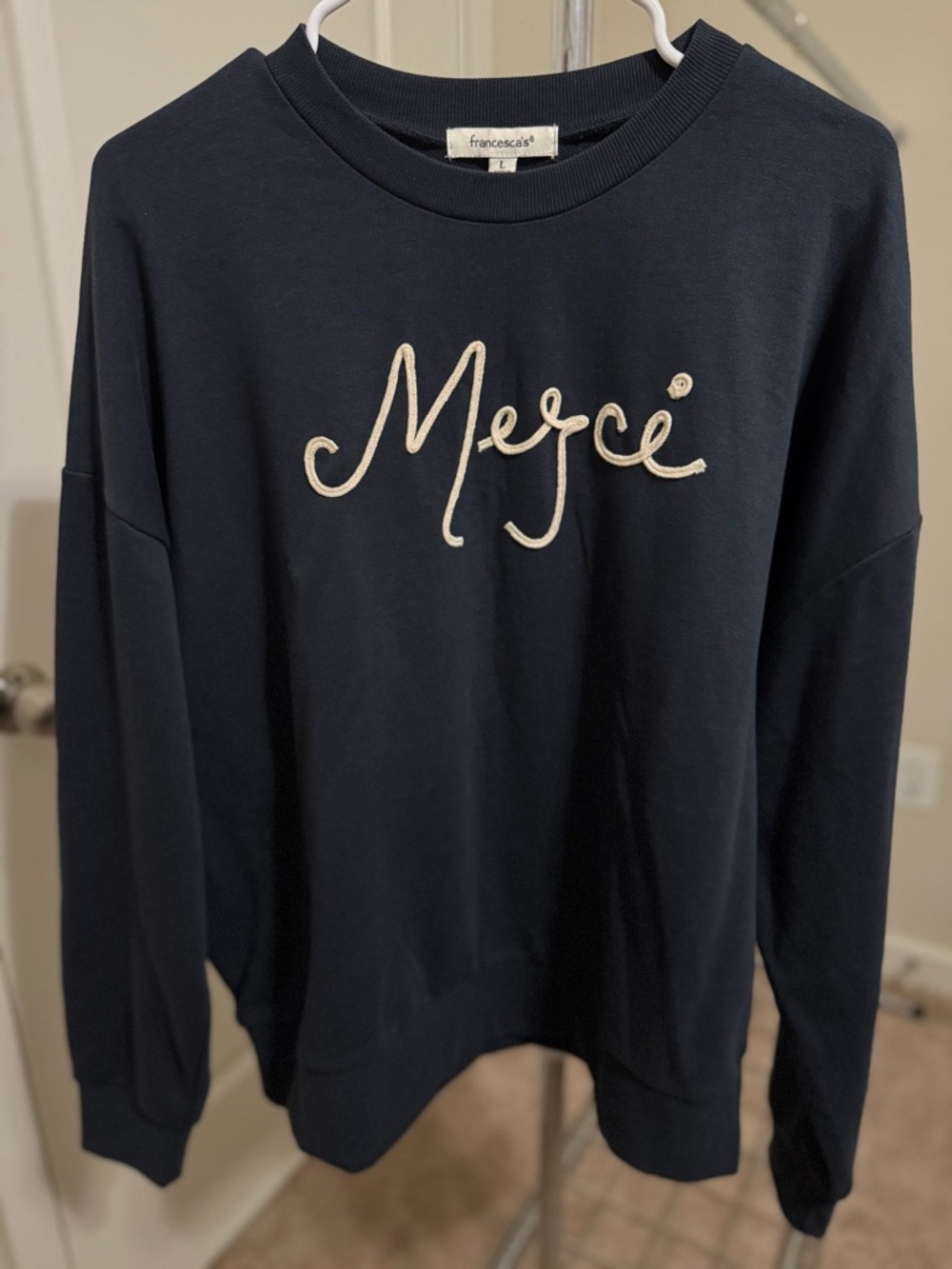 Francesca's Navy Sweatshirt with Cream 'Merci' Embroidery
